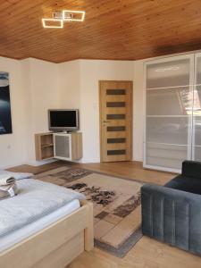 a bedroom with a bed and a tv and a door at Platán Ház Révfülöp in Révfülöp