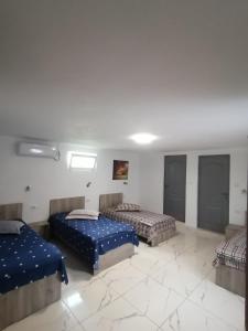 Măceşu de JosにあるPensiunea Melissaの青いシーツが敷かれたベッド3台が備わる客室です。