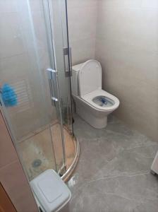 un baño con inodoro y ducha en Brand new apartment in Mindelo, en Mindelo 7 fotos más