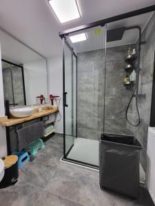 a bathroom with a shower and a sink at Căsuța Piticilor in Broşteni +68 photos