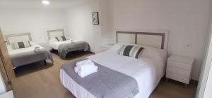 a bedroom with two beds and two mirrors at Casa Dolores in Villahermosa del Río