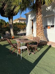 ムルシアにあるApartamentos Murcia ríoの椰子の木の横に座る椅子