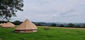 three tents in a field with a picnic table at Furnished Bell Tent 4 in St Austell