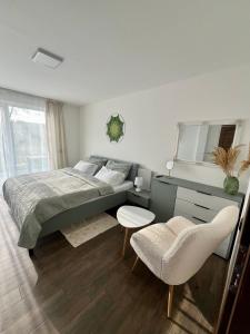 a bedroom with a bed and a mirror and a chair at Domek Prosetin244 in Prosetín
