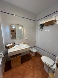 a bathroom with a sink and a toilet and a mirror at El Paraíso de Isla Canela in Isla Canela +19 photos