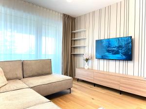 a living room with a couch and a tv at 4FriendsBrasov K34 in Braşov