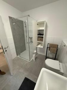 a bathroom with a shower and a toilet and a sink at scnd HOME in Wallertheim