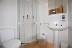 a bathroom with a shower and a toilet and a sink at Apartamento Playa de Quenxe in Corcubión +15 photos