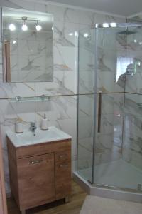 a bathroom with a shower and a sink and a mirror at Bieszczadzki Amor in Zawóz +40 photos