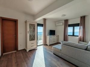 コトルにあるForest Apartmentsのソファとテレビのあるリビングルーム