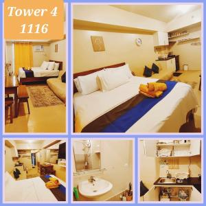 a collage of four pictures of a hotel room at 1116 T4 Avida Atria Iloilo in Iloilo City