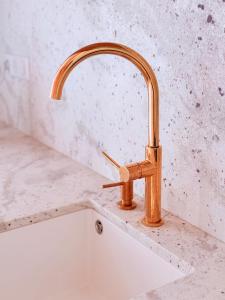 a kitchen sink with a copper water faucet at Kliniczna Apart in Gdańsk +18 photos