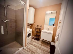 y baño con ducha y lavadora. en Niki, belle vue sur le Loiret, en Saint-Pryvé-Saint-Mesmin