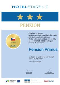 Certifikát, hodnocení, plakát nebo jiný dokument vystavený v ubytování Pension PRIMUS