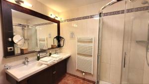 a bathroom with a sink and a shower at Hotel Batzenhäusl in Innsbruck