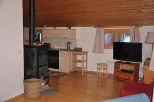 ein Wohnzimmer mit einem Herd und einer Küche in der Unterkunft Ferienwohnung Edelweiss, in Splügen