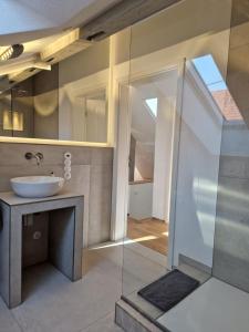 a bathroom with a sink and a mirror at Marienhof in Geisfeld +21 photos