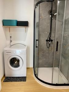 a washing machine and a shower in a bathroom at Les Hauteurs du Trieux in Quemper-Guézennec +13 photos