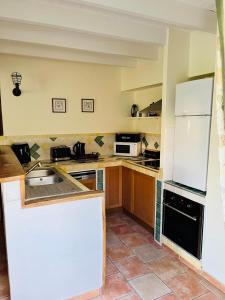 a kitchen with brown cabinets and a white refrigerator at Le Petit Usar in Loubens +8 photos