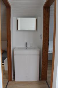 a bathroom with a white sink and a mirror at Naturzauber in Sonnenbühl