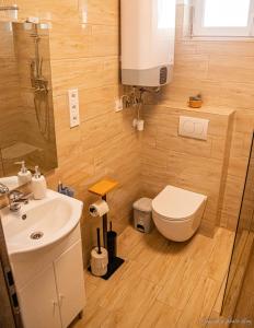 a bathroom with a white toilet and a sink at Belezúg-Lak vendégház in Nekézseny