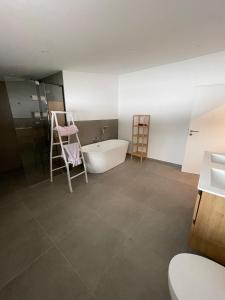 a bathroom with a tub and a toilet and a sink at Hohenzollern Wellness Loft mit Panorama Sauna in Burladingen