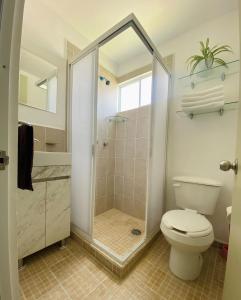 a bathroom with a shower and a toilet in it at Departamento a 10 minutos del aeropuerto in El Castillo
