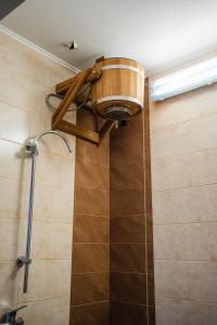 a bathroom with a shower with a ceiling fan at Котедж Зелениця in Zelenitsa
