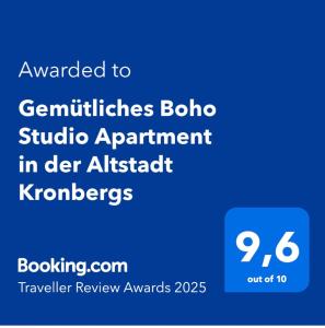 Certifikát, hodnocení, plakát nebo jiný dokument vystavený v ubytování Gemütliches Boho Studio Apartment in der Altstadt Kronbergs