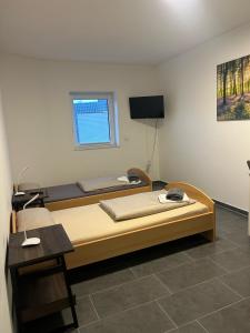 a bedroom with two beds and a tv on the wall at Pension Imhof in Oyten +22 photos