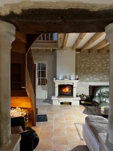 a living room with a fireplace and a couch at Altanca, Maison, calme au milieu de la nature près de Beauval, Chenonceau et autres chateaux de la Loire in Épeigné-les-Bois