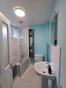a bathroom with a sink and a shower and a toilet at Old Tavern House in Fortrose