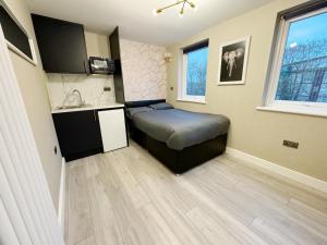 a small room with a bed and a sink at Stylish Studio minutes away from Wembley in London +24 photos