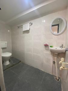 Un baño con inodoro, lavabo y espejo. en Nagaon Homestay, en Nowgong