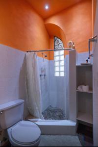 ein Bad mit einer Dusche und einem WC in einem Zimmer in der Unterkunft Casa Maralta in Panama-Stadt