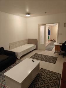 a living room with a bed and a couch at Renovated handy spacious 3 room apartment for tourists, workers and students in Rauma +63 photos