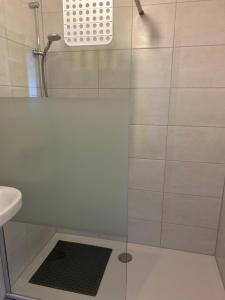 a shower with a glass door next to a sink at Ferienhuus Tüütje in Wolthusen +20 photos