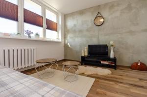a bedroom with a bed and two tables and a tv at Dwa Koty in Sosnowiec
