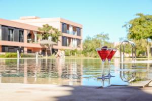 a wine glass sitting in the middle of a pool of water at Maeva cosy - Clim, Wifi, Jardin à 10min de l'Aéroport in Marrakech