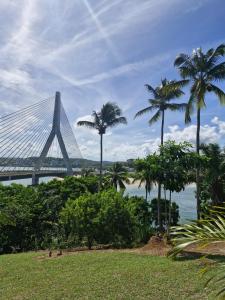 a bridge with palm trees in front of the water at Aconchego Baia do Pontal in Ilhéus