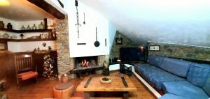 a living room with a blue couch and a fireplace at Cal Brugués - Casa de montanya in Ribes de Freser