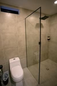 a bathroom with a toilet and a glass shower at Hotel Gran Ester in Los Patios +16 photos