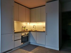 a kitchen with white cabinets and a sink at Apartments R9 in Riga