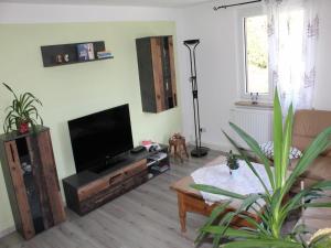 a living room with a flat screen tv and a table at Sebnitz Garden Retreat in Lichtenhain