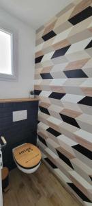 a bathroom with a toilet and a wall at petite maison 3km de la mer in Ozeville +24 photos