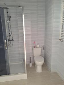 a white bathroom with a toilet and a shower at Apartament Cykady pod Warszawą in Zielonka