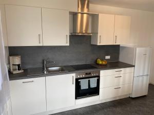 a kitchen with white cabinets and a sink at Apartment Wolkenblick in Leutkirch im Allgäu +3 photos