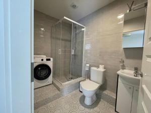a bathroom with a toilet and a shower and a washing machine at PERLOS apartamentai 2a in Birštonas
