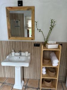 a bathroom with a sink and a mirror at Casa Rural Ruta del Tajinaste azul in Valsequillo +67 photos