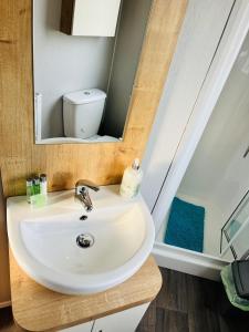 a bathroom with a sink and a mirror at KEE Holiday Home Caravan in Great Yarmouth